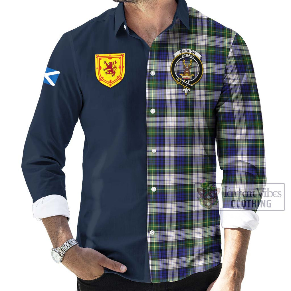 Tartan Vibes Clothing Gordon Dress Modern Tartan Long Sleeve Button Shirt with Scottish Lion Royal Arm Half Style