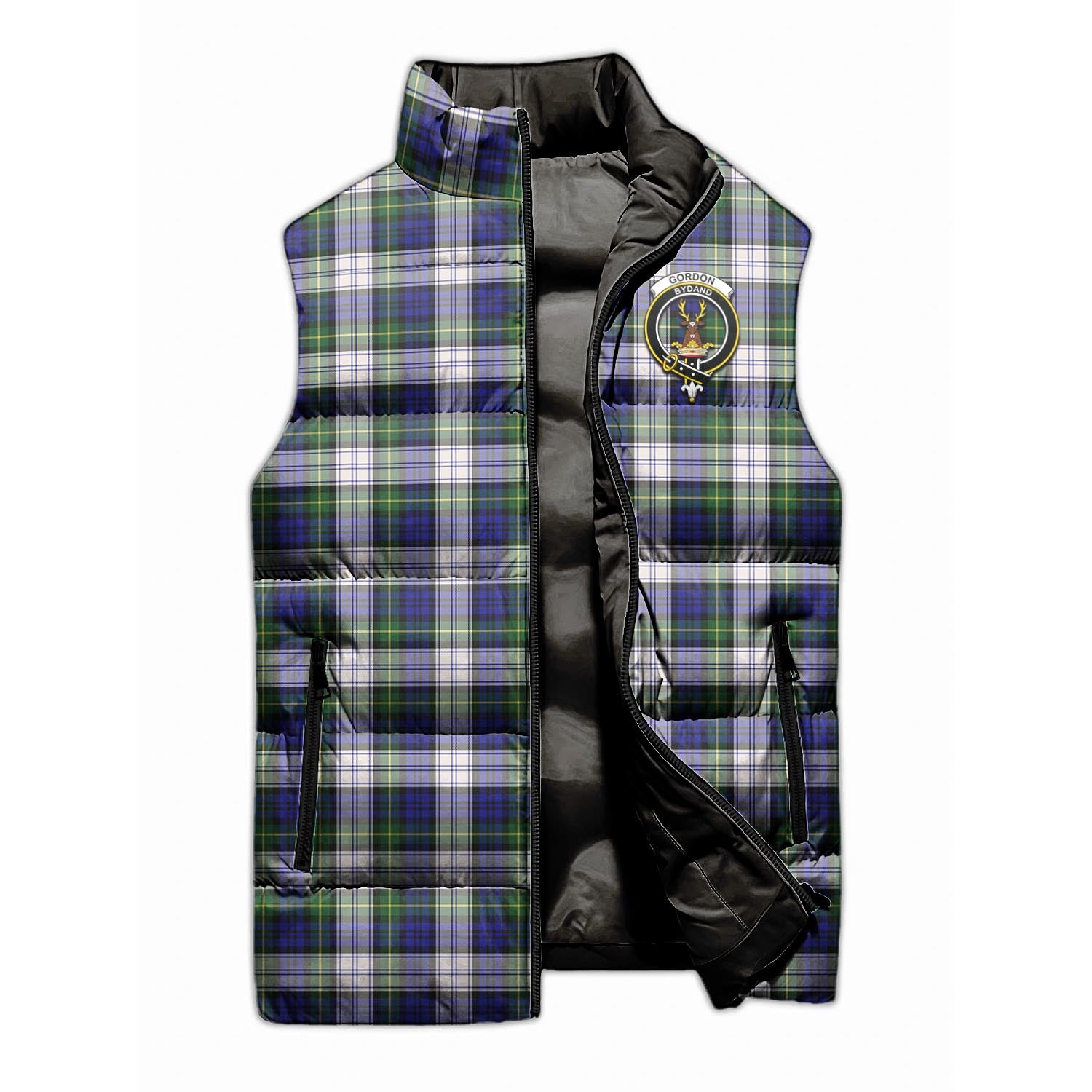 Gordon Dress Modern Tartan Sleeveless Puffer Jacket with Family Crest - Tartanvibesclothing