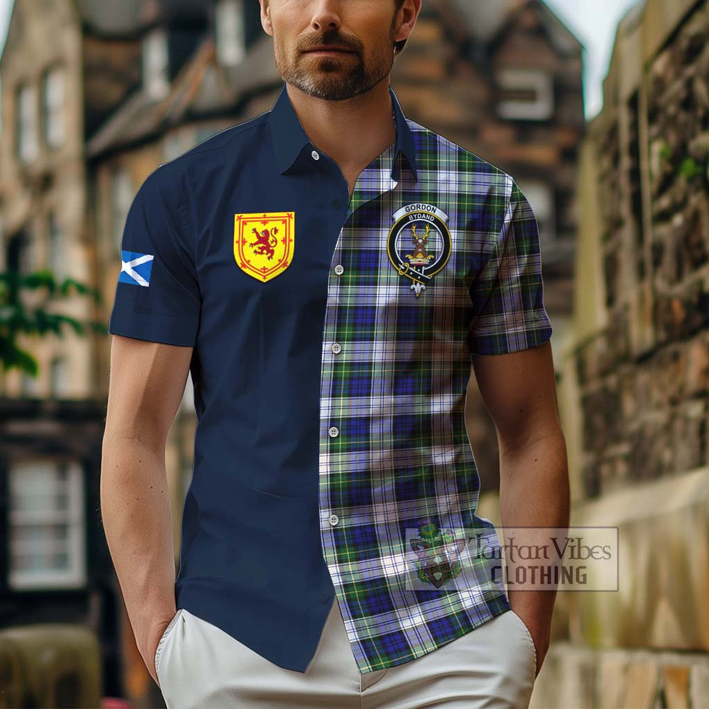 Tartan Vibes Clothing Gordon Dress Modern Tartan Short Sleeve Button Shirt with Scottish Lion Royal Arm Half Style