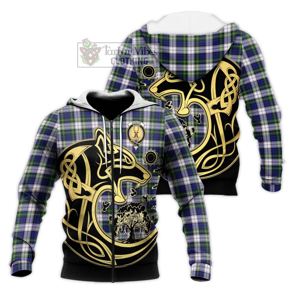 Gordon Dress Modern Tartan Knitted Hoodie with Family Crest Celtic Wolf Style Unisex Knitted Zip Hoodie - Tartan Vibes Clothing