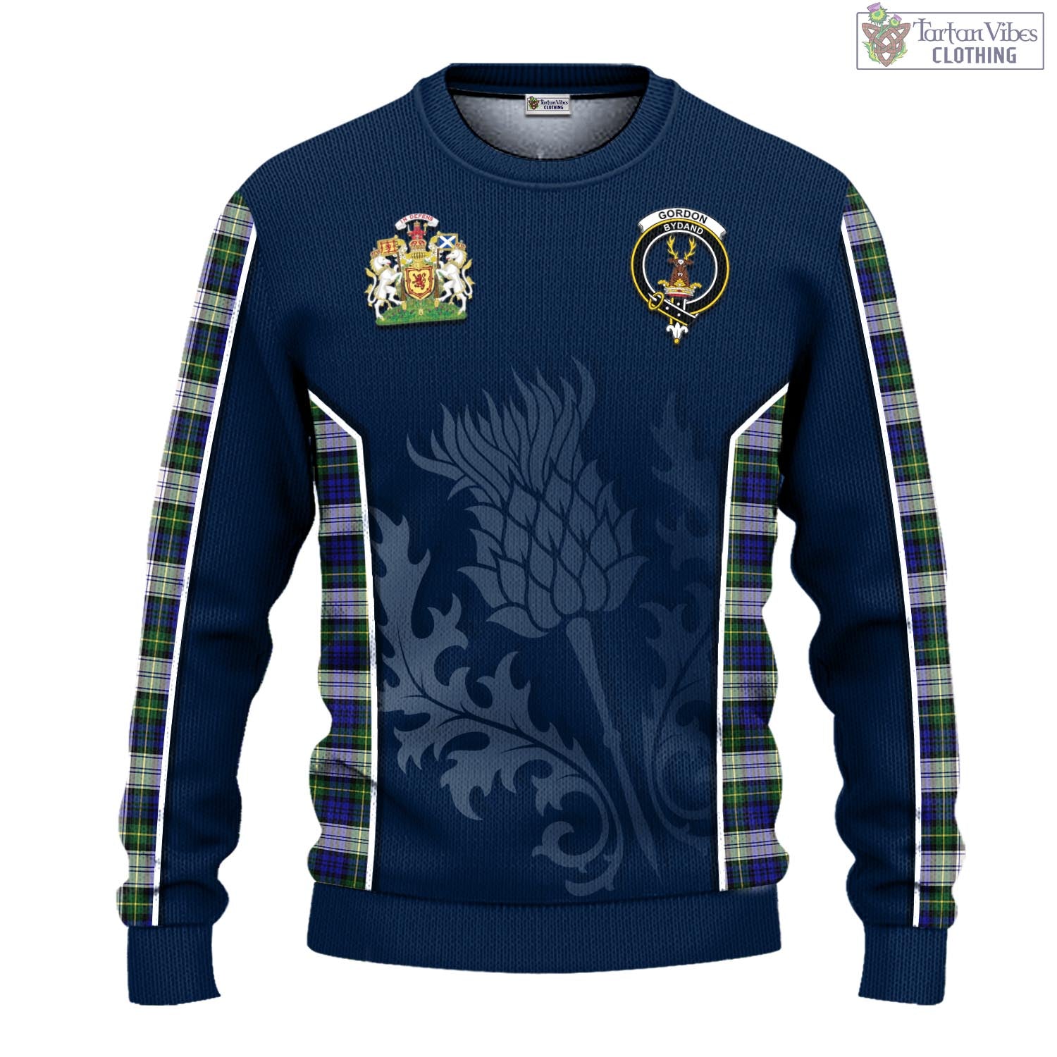 Tartan Vibes Clothing Gordon Dress Modern Tartan Knitted Sweatshirt with Family Crest and Scottish Thistle Vibes Sport Style