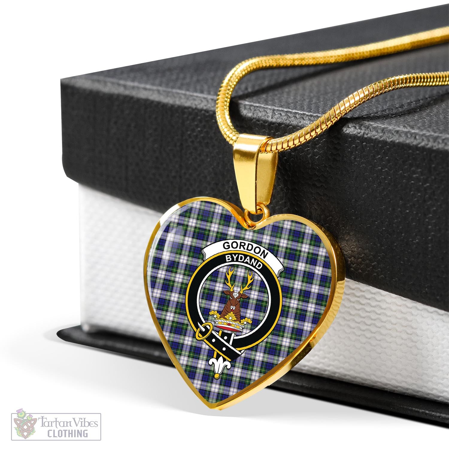 Tartan Vibes Clothing Gordon Dress Modern Tartan Heart Necklace with Family Crest