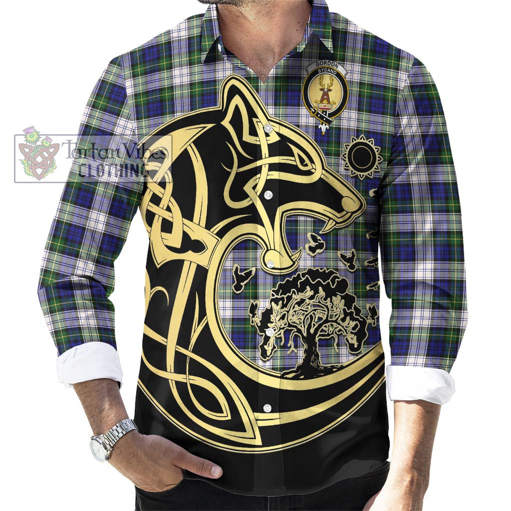 Gordon Dress Modern Tartan Long Sleeve Button Shirt with Family Crest Celtic Wolf Style - Tartan Vibes Clothing