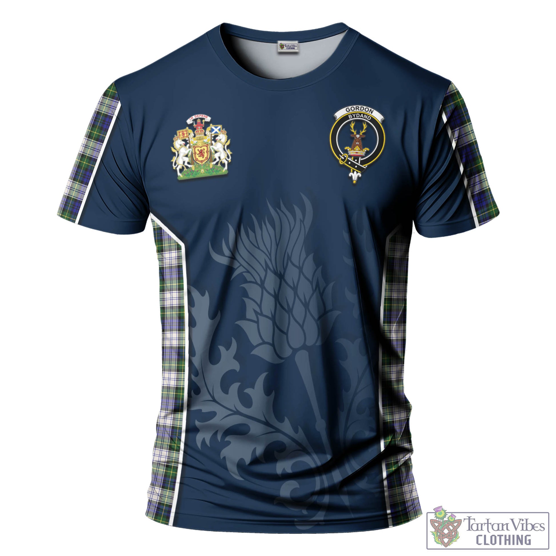 Tartan Vibes Clothing Gordon Dress Modern Tartan T-Shirt with Family Crest and Scottish Thistle Vibes Sport Style