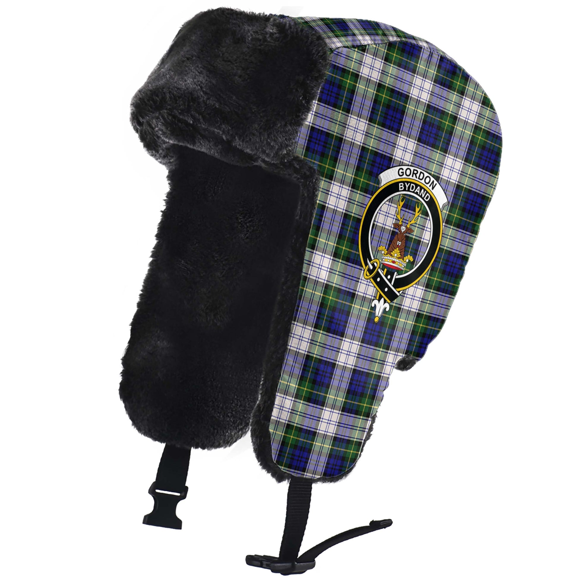 Gordon Dress Modern Tartan Winter Trapper Hat with Family Crest - Tartanvibesclothing