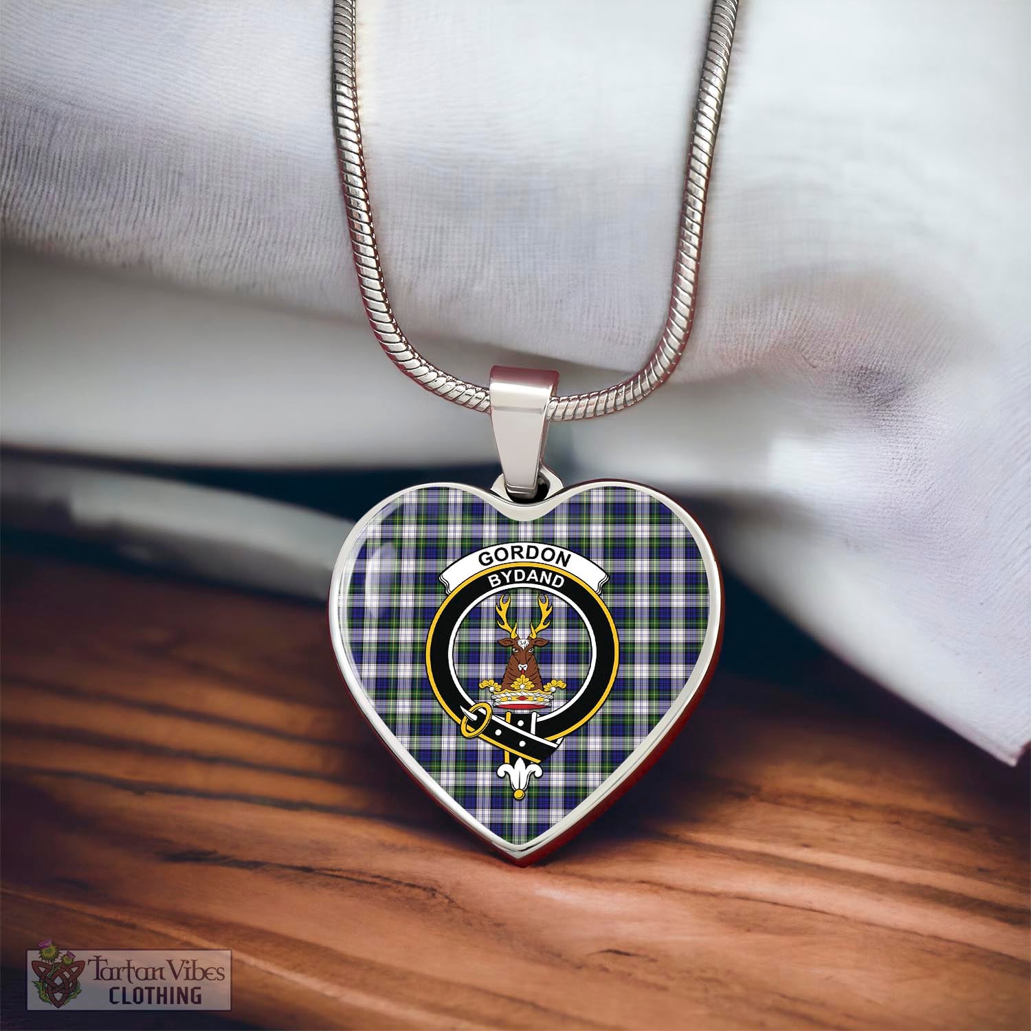 Tartan Vibes Clothing Gordon Dress Modern Tartan Heart Necklace with Family Crest