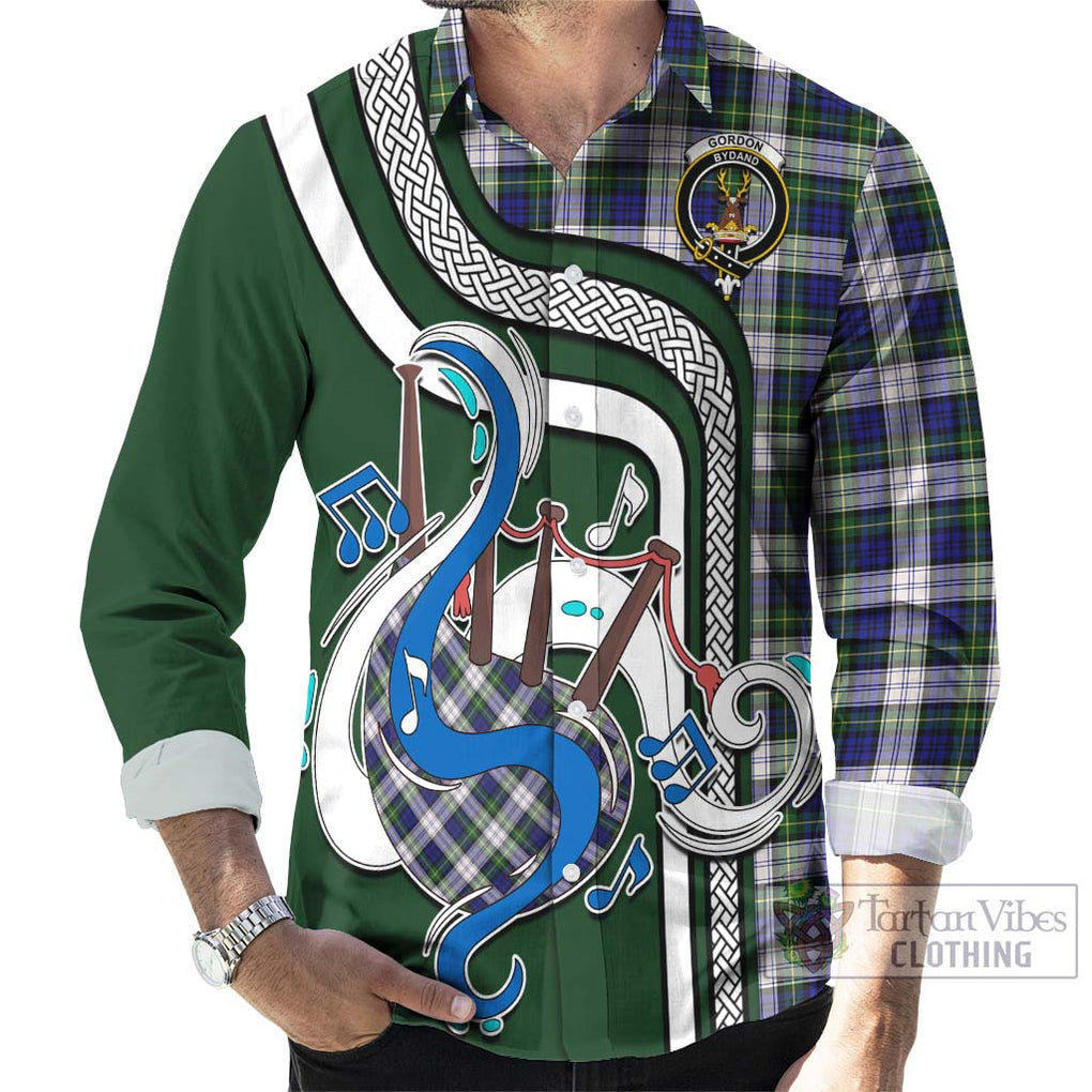 Gordon Dress Modern Tartan Long Sleeve Button Shirt with Epic Bagpipe Style - Tartanvibesclothing Shop