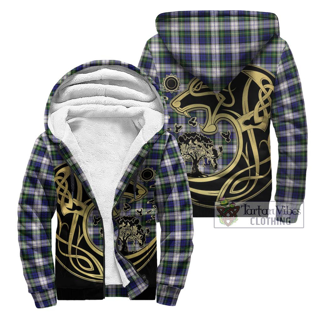 Gordon Dress Modern Tartan Sherpa Hoodie with Family Crest Celtic Wolf Style Unisex - Tartan Vibes Clothing