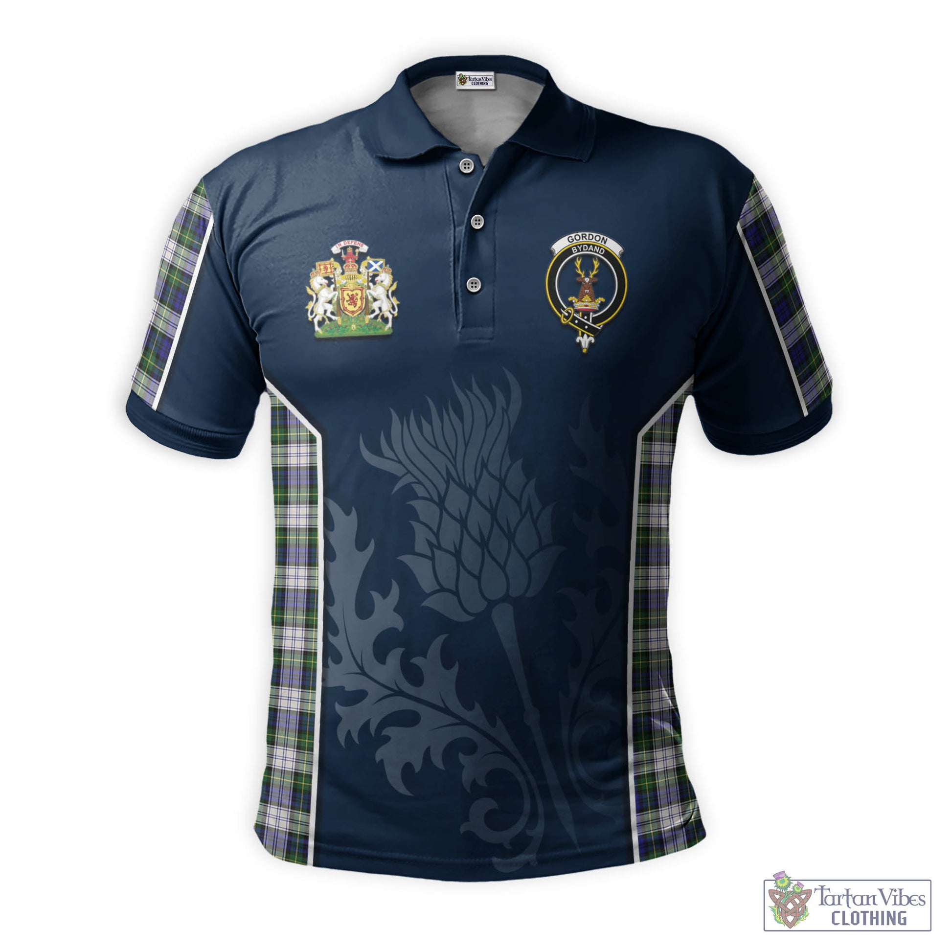 Tartan Vibes Clothing Gordon Dress Modern Tartan Men's Polo Shirt with Family Crest and Scottish Thistle Vibes Sport Style