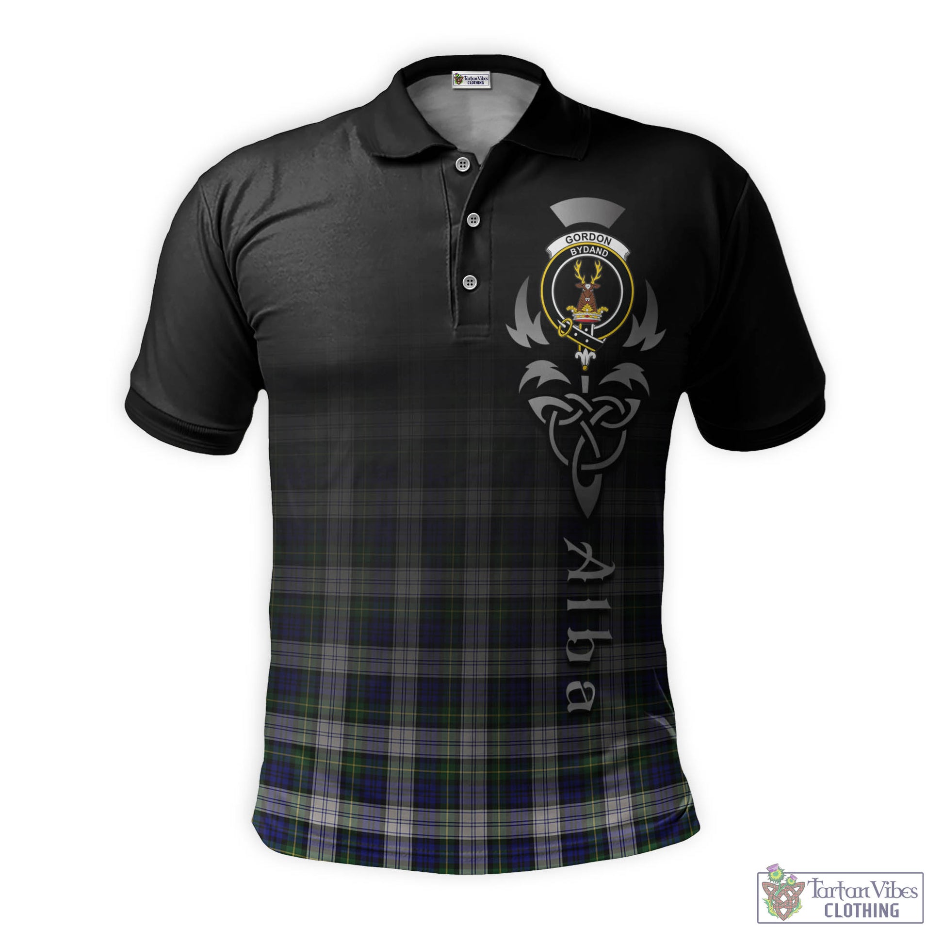 Tartan Vibes Clothing Gordon Dress Modern Tartan Polo Shirt Featuring Alba Gu Brath Family Crest Celtic Inspired