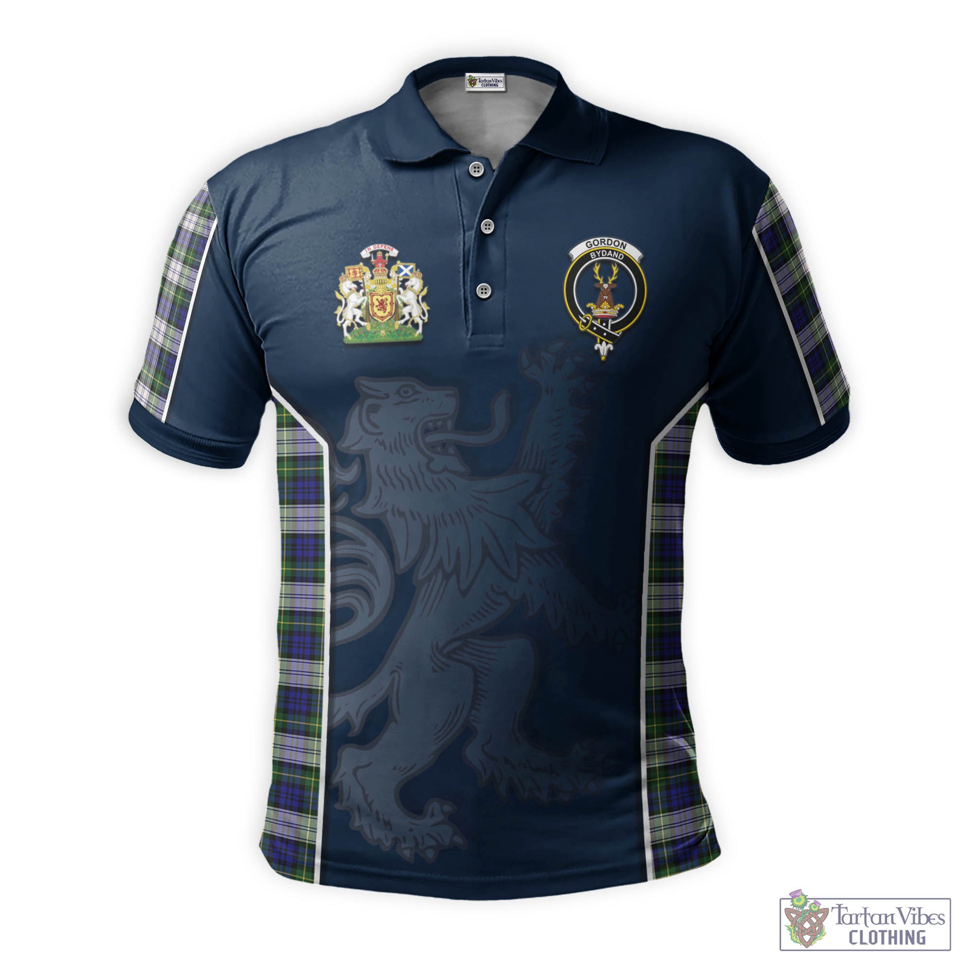 Tartan Vibes Clothing Gordon Dress Modern Tartan Men's Polo Shirt with Family Crest and Lion Rampant Vibes Sport Style