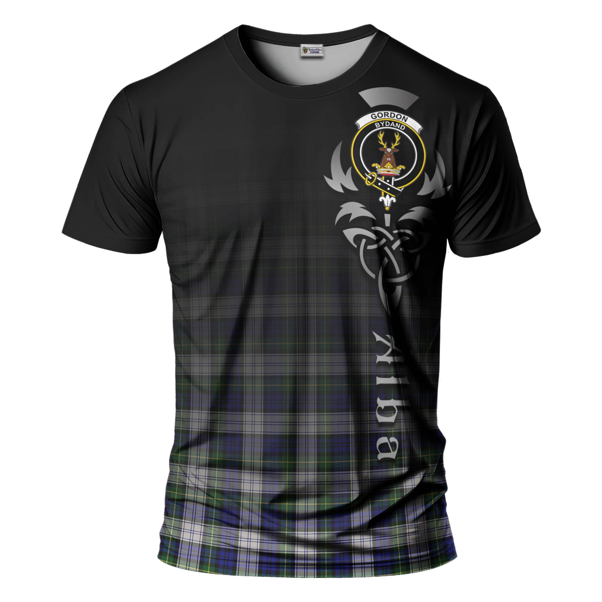 Tartan Vibes Clothing Gordon Dress Modern Tartan T-Shirt Featuring Alba Gu Brath Family Crest Celtic Inspired