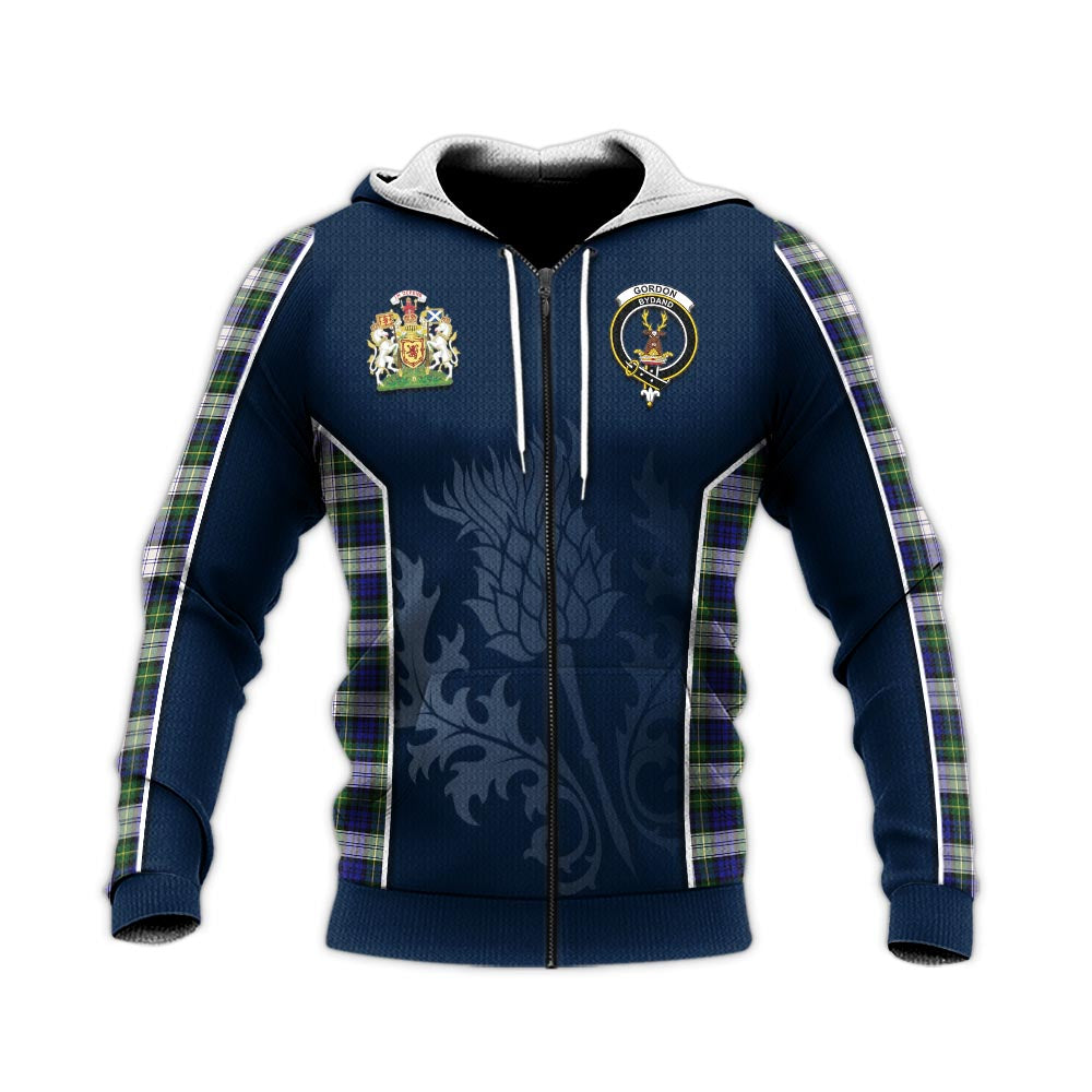 Tartan Vibes Clothing Gordon Dress Modern Tartan Knitted Hoodie with Family Crest and Scottish Thistle Vibes Sport Style