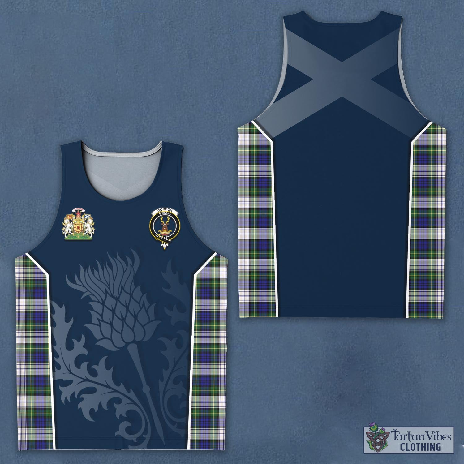 Tartan Vibes Clothing Gordon Dress Modern Tartan Men's Tanks Top with Family Crest and Scottish Thistle Vibes Sport Style