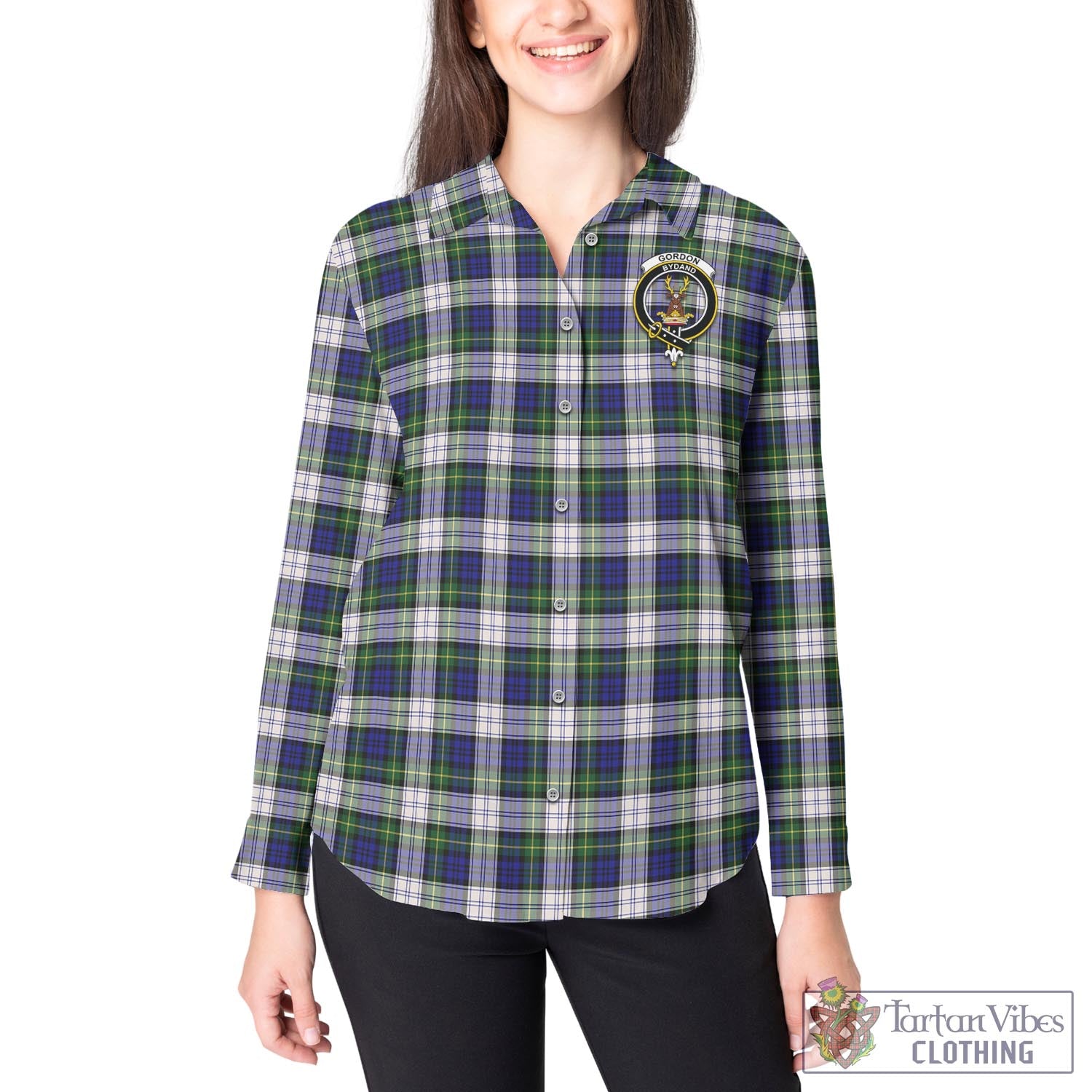 Tartan Vibes Clothing Gordon Dress Modern Tartan Womens Casual Shirt with Family Crest