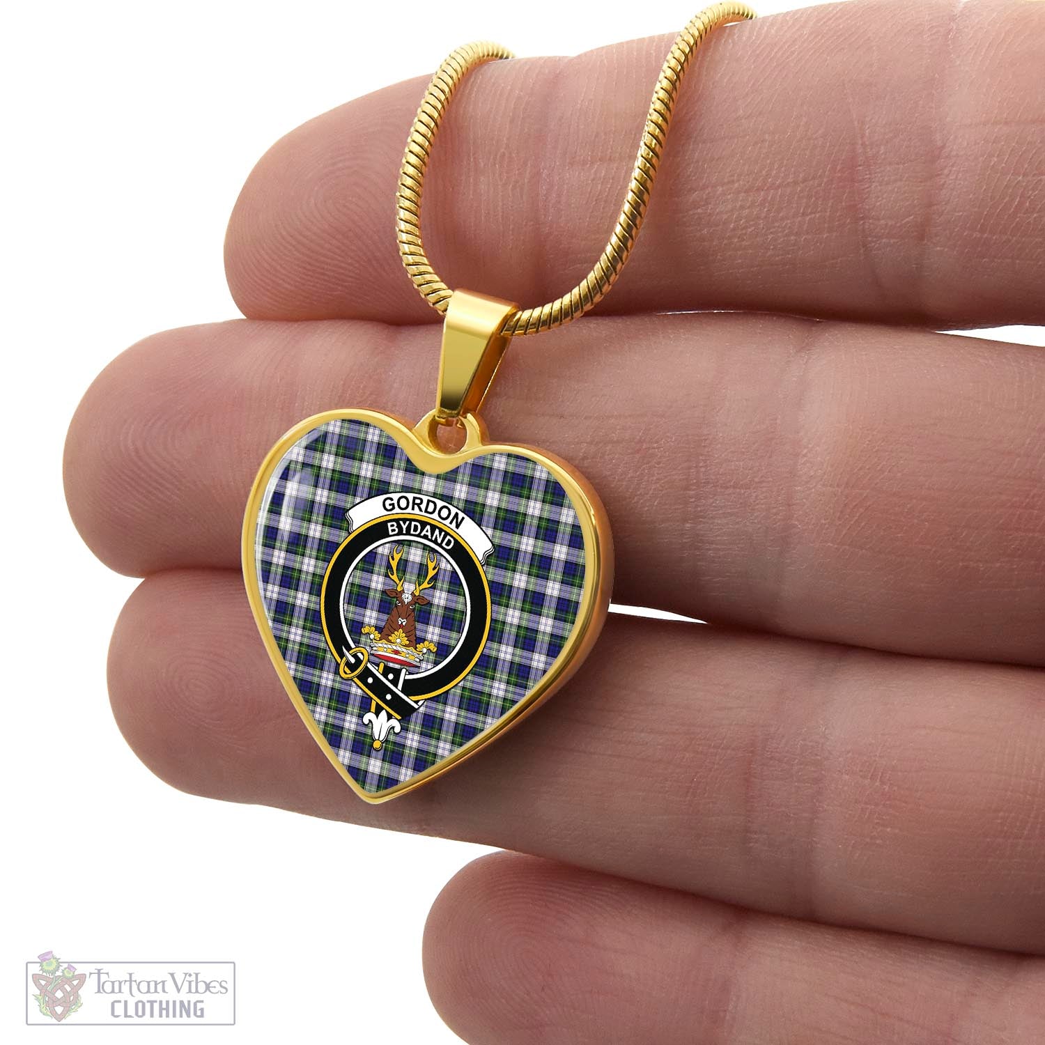 Tartan Vibes Clothing Gordon Dress Modern Tartan Heart Necklace with Family Crest