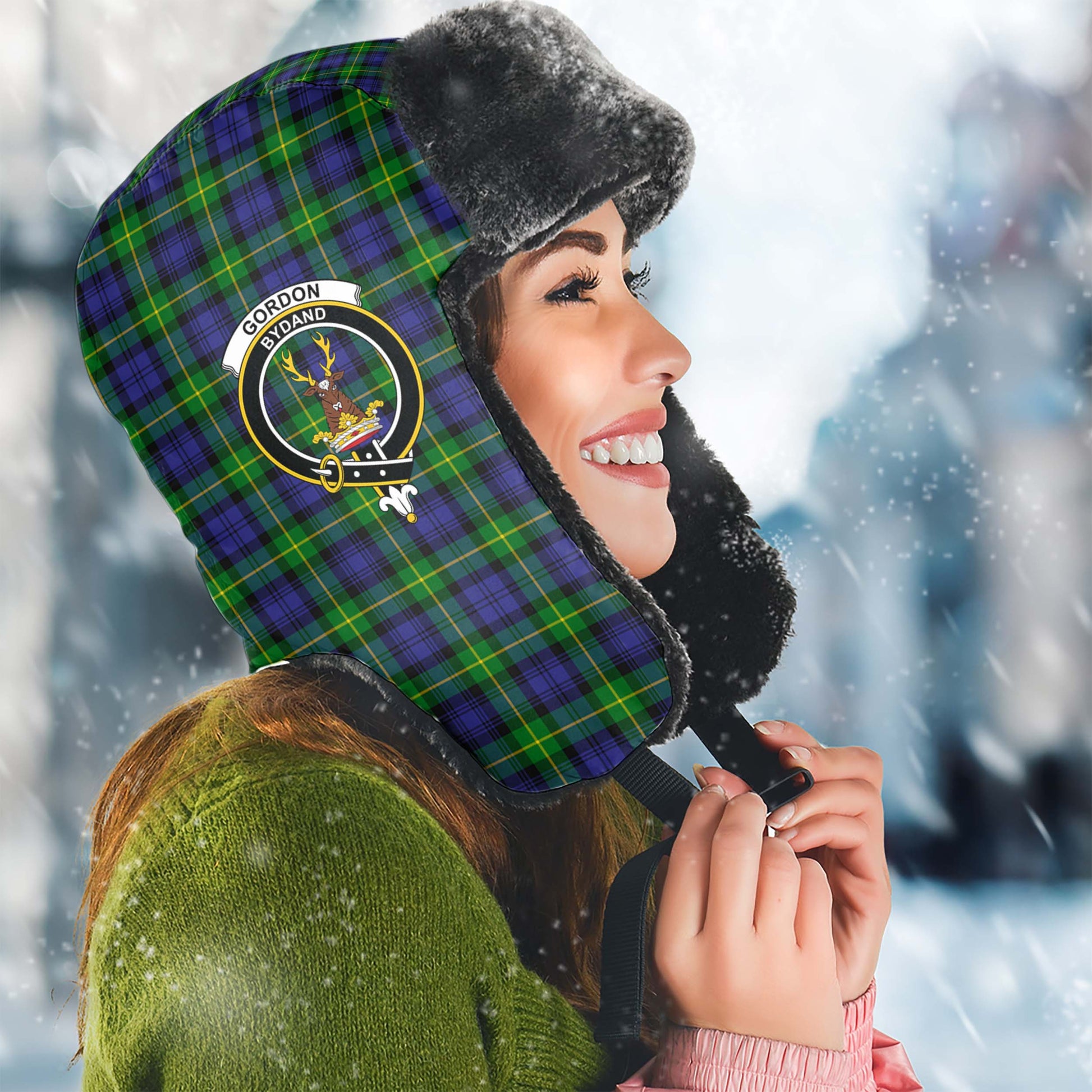 Gordon Modern Tartan Winter Trapper Hat with Family Crest Winter Trapper Hat Universal Fit Circumference 22.8in (58cm) - Tartanvibesclothing