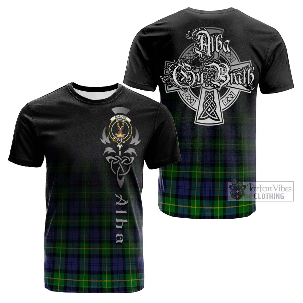 Tartan Vibes Clothing Gordon Modern Tartan Cotton T-shirt Featuring Alba Gu Brath Family Crest Celtic Inspired