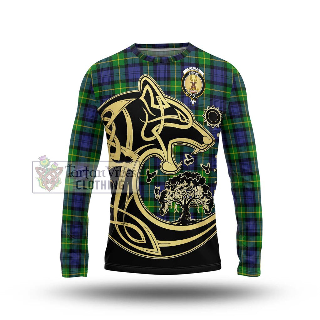 Gordon Modern Tartan Long Sleeve T-Shirt with Family Crest Celtic Wolf Style Unisex - Tartan Vibes Clothing