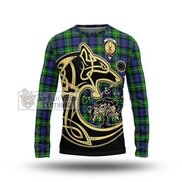 Gordon Modern Tartan Long Sleeve T-Shirt with Family Crest Celtic Wolf Style