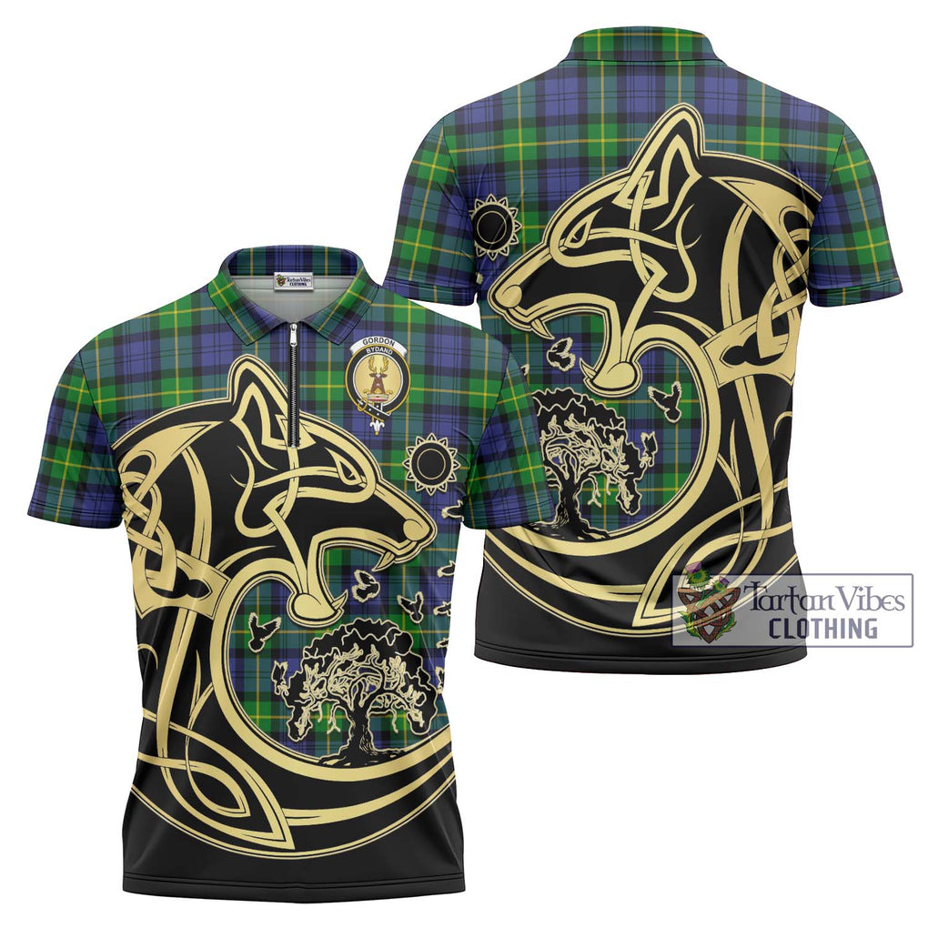 Gordon Modern Tartan Zipper Polo Shirt with Family Crest Celtic Wolf Style Unisex - Tartanvibesclothing Shop