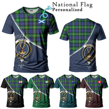 Gordon Modern Tartan T-Shirt with Personalised National Flag and Family Crest Half Style