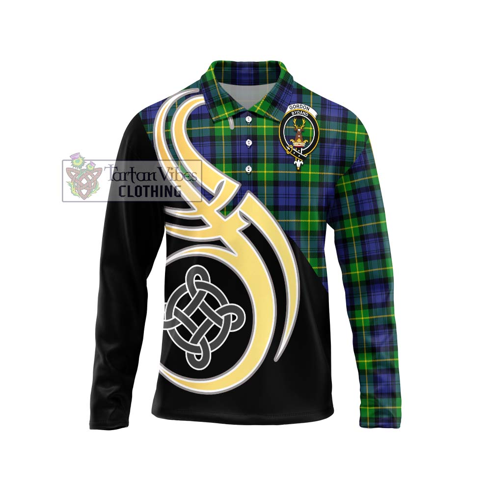 Gordon Modern Tartan Long Sleeve Polo Shirt with Family Crest and Celtic Symbol Style Unisex - Tartan Vibes Clothing