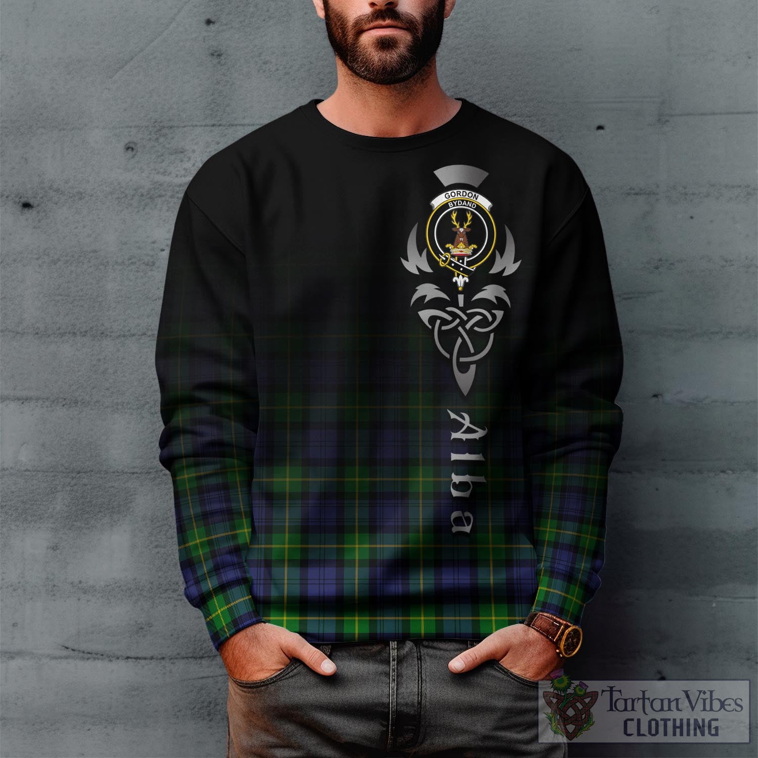 Tartan Vibes Clothing Gordon Modern Tartan Sweatshirt Featuring Alba Gu Brath Family Crest Celtic Inspired