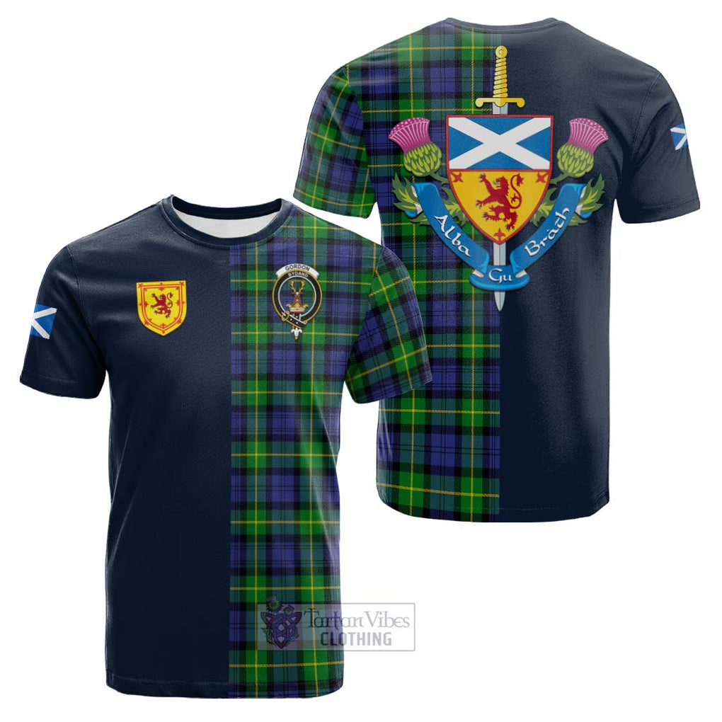 Tartan Vibes Clothing Gordon Modern Tartan Cotton T-shirt with Scottish Lion Royal Arm Half Style