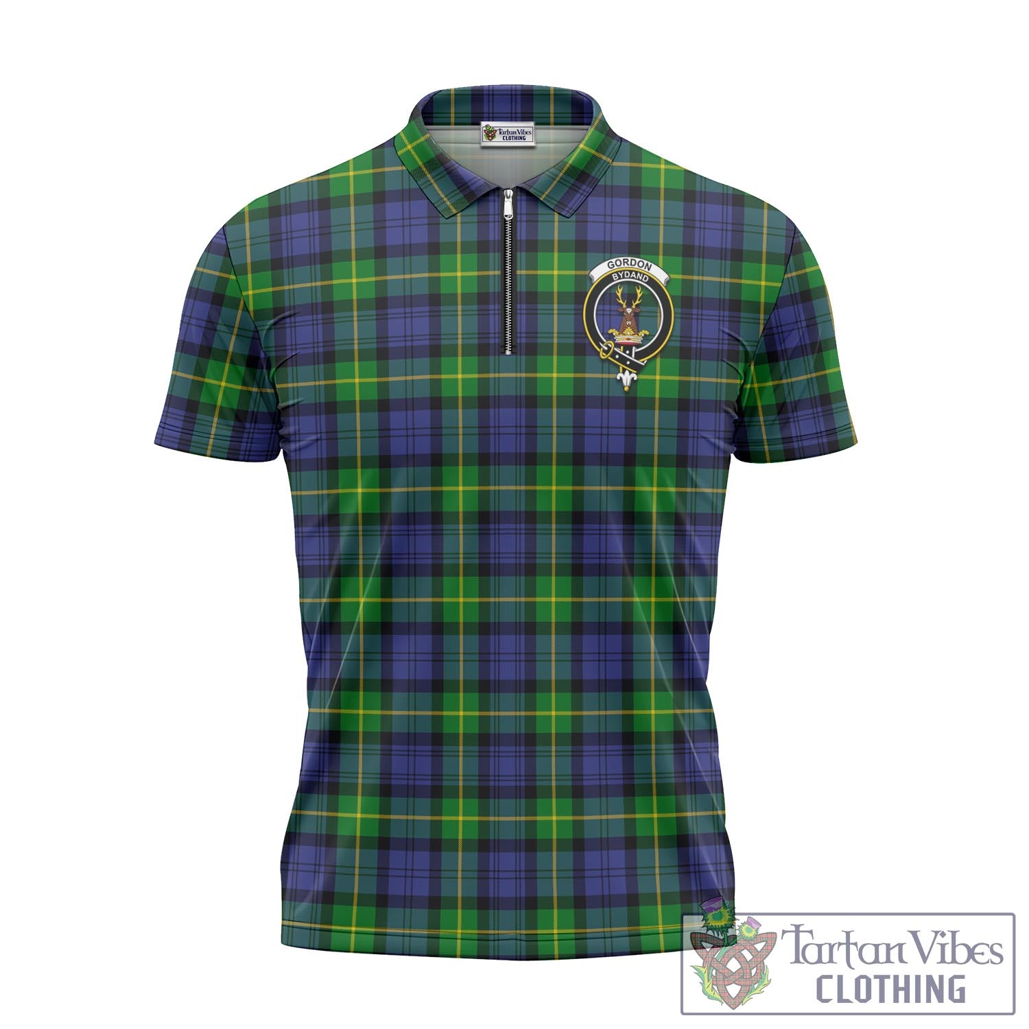 Tartan Vibes Clothing Gordon Modern Tartan Zipper Polo Shirt with Family Crest