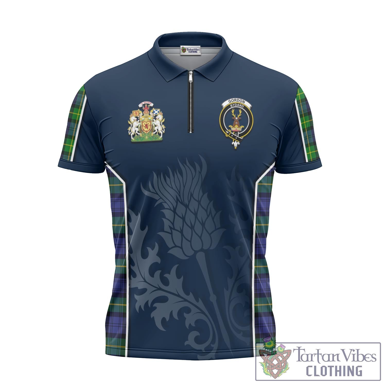 Tartan Vibes Clothing Gordon Modern Tartan Zipper Polo Shirt with Family Crest and Scottish Thistle Vibes Sport Style