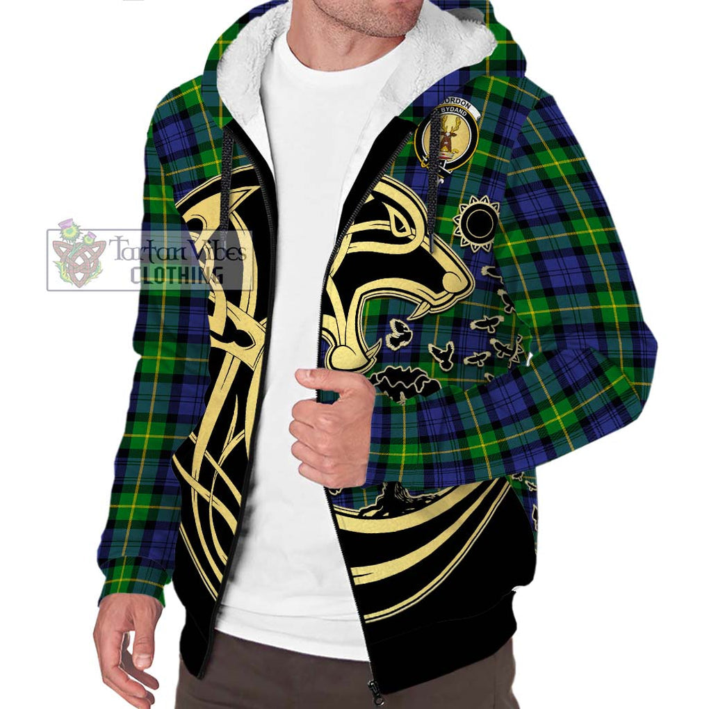 Gordon Modern Tartan Sherpa Hoodie with Family Crest Celtic Wolf Style Unisex S - Tartan Vibes Clothing