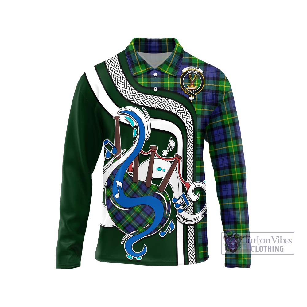 Tartan Vibes Clothing Gordon Modern Tartan Long Sleeve Polo Shirt with Epic Bagpipe Style