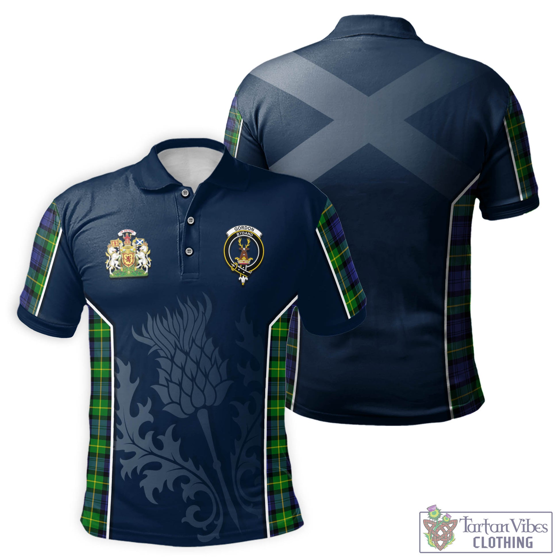 Tartan Vibes Clothing Gordon Modern Tartan Men's Polo Shirt with Family Crest and Scottish Thistle Vibes Sport Style