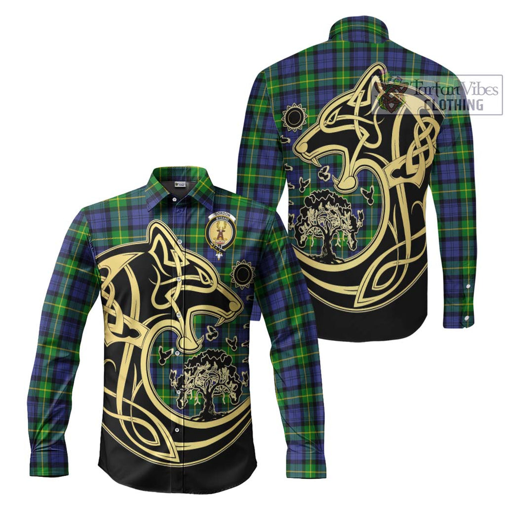 Gordon Modern Tartan Long Sleeve Button Shirt with Family Crest Celtic Wolf Style Men's Shirt S - Tartan Vibes Clothing