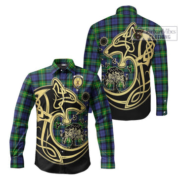 Gordon Modern Tartan Long Sleeve Button Shirt with Family Crest Celtic Wolf Style