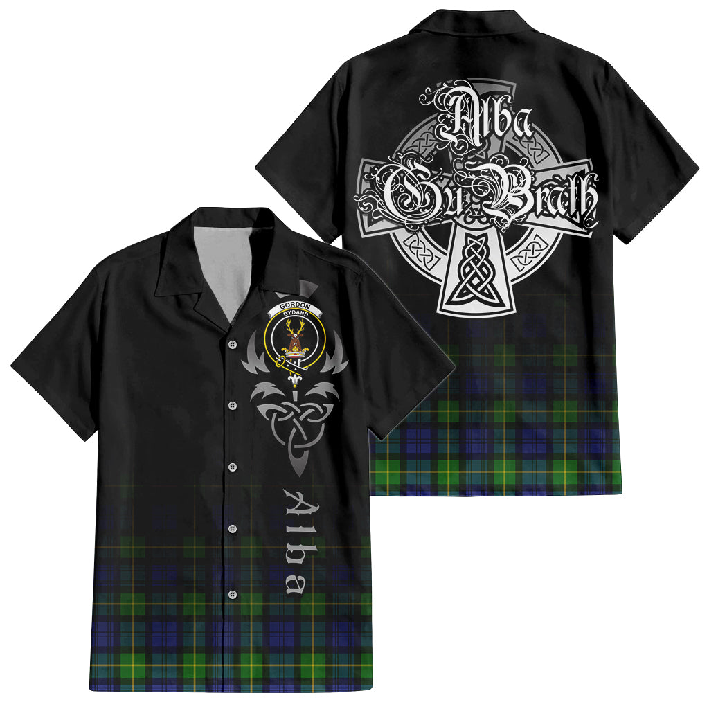 Tartan Vibes Clothing Gordon Modern Tartan Short Sleeve Button Up Featuring Alba Gu Brath Family Crest Celtic Inspired