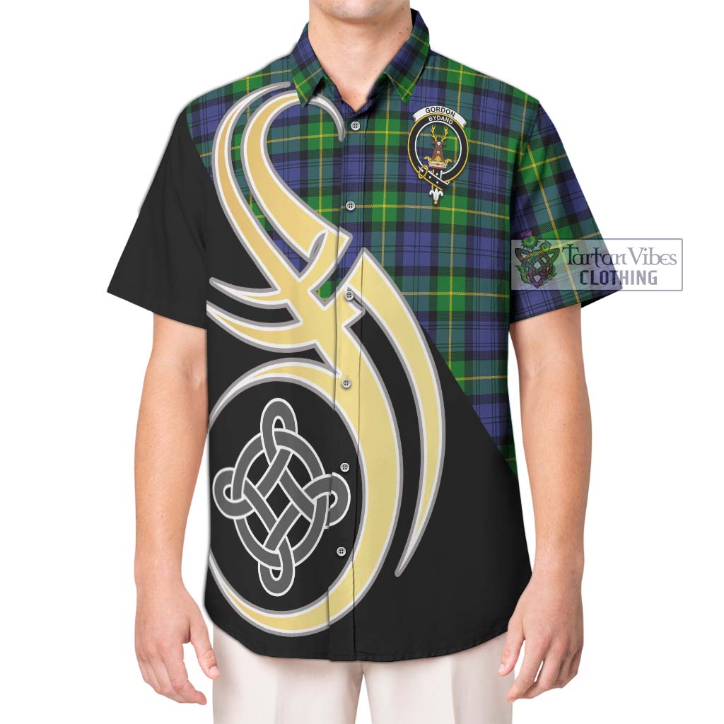 Gordon Modern Tartan Short Sleeve Button Shirt with Family Crest and Celtic Symbol Style Kid - Tartan Vibes Clothing