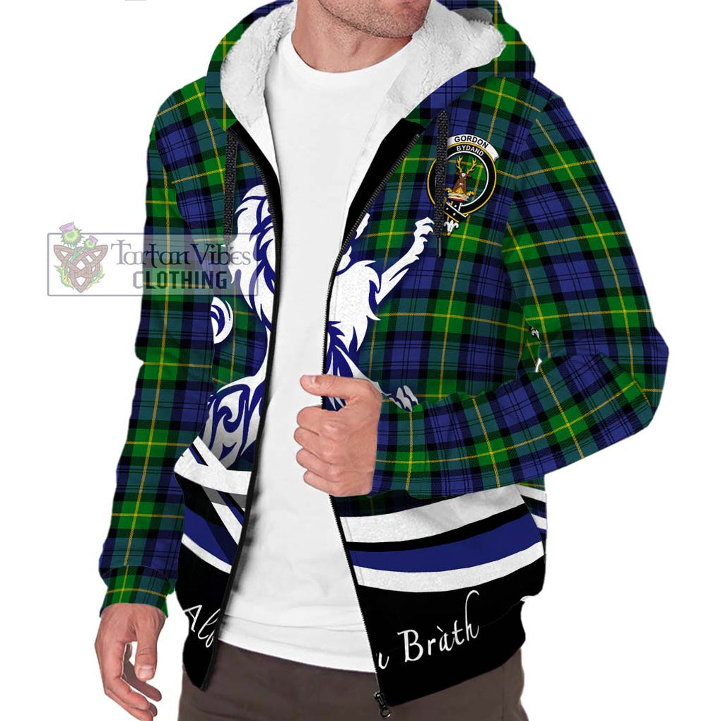 Gordon Modern Tartan Sherpa Hoodie with Alba Gu Brath Regal Lion Emblem Unisex S - Tartanvibesclothing Shop