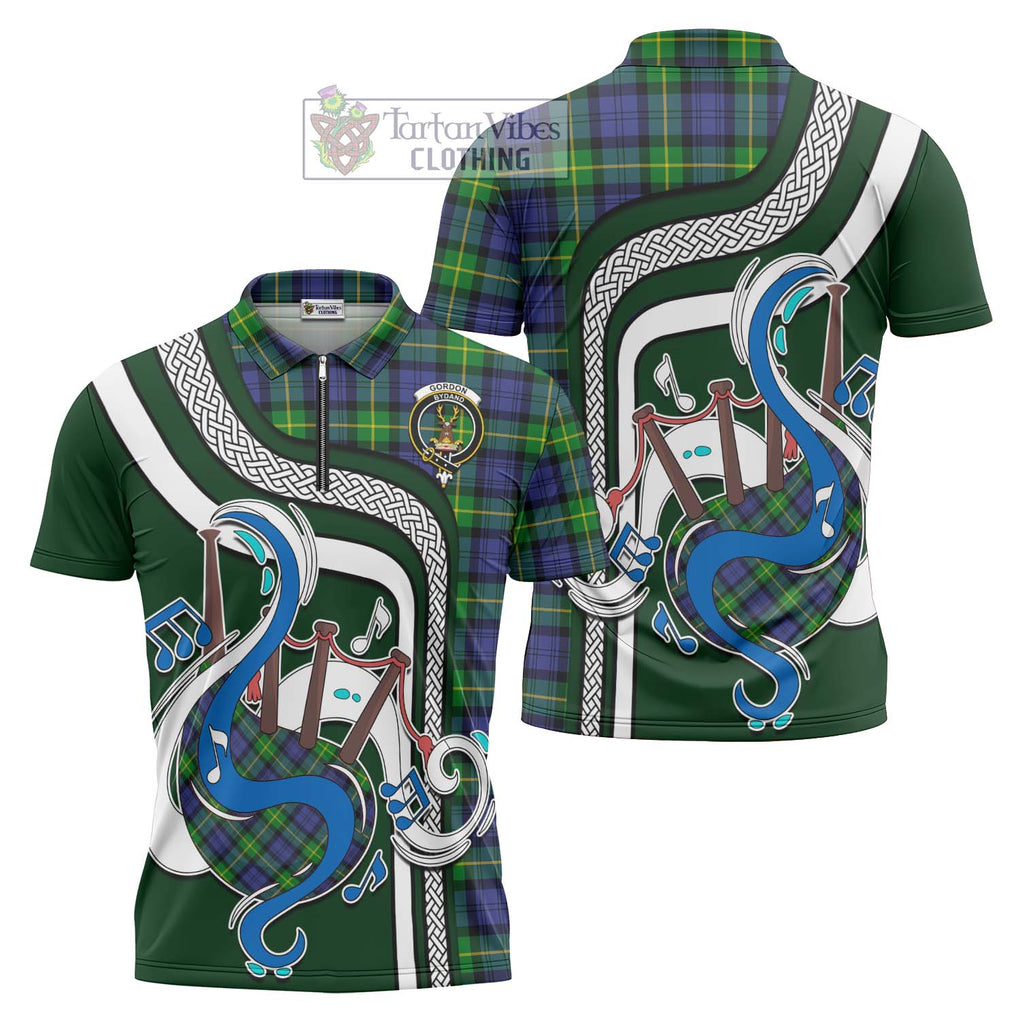 Gordon Modern Tartan Zipper Polo Shirt with Epic Bagpipe Style Unisex - Tartanvibesclothing Shop