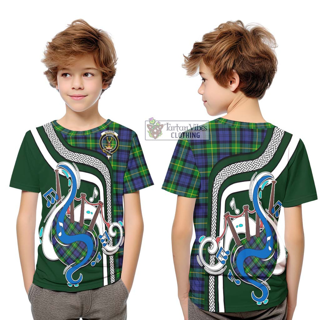 Tartan Vibes Clothing Gordon Modern Tartan Kid T-Shirt with Epic Bagpipe Style