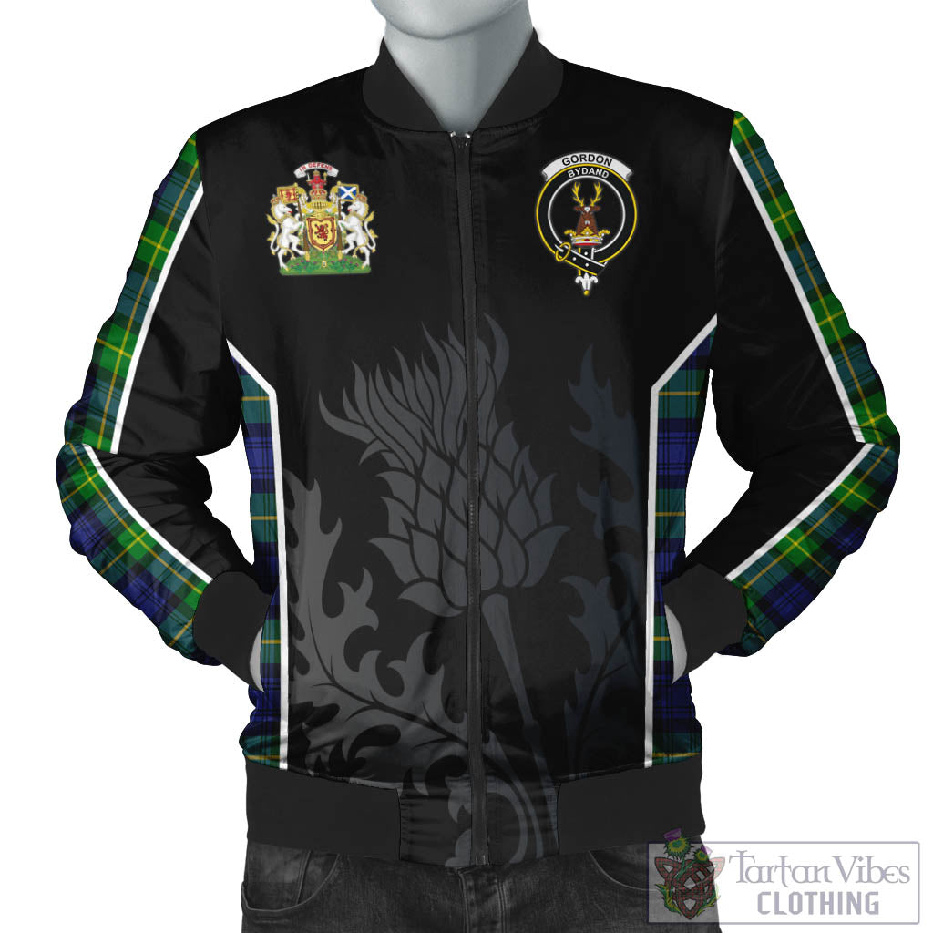 Tartan Vibes Clothing Gordon Modern Tartan Bomber Jacket with Family Crest and Scottish Thistle Vibes Sport Style