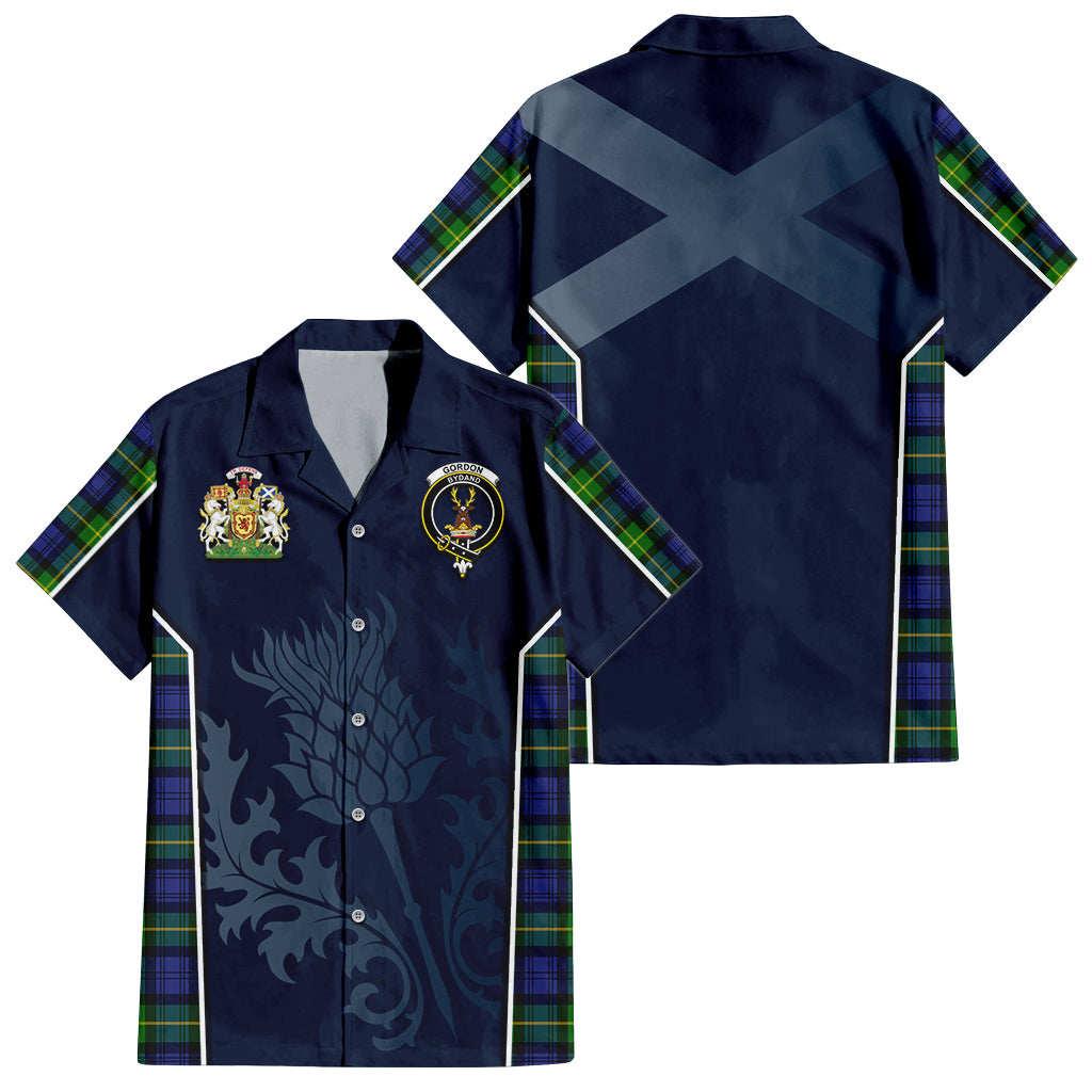 Tartan Vibes Clothing Gordon Modern Tartan Short Sleeve Button Up Shirt with Family Crest and Scottish Thistle Vibes Sport Style