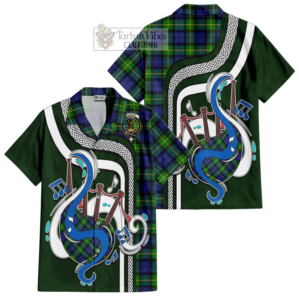 Gordon Modern Tartan Short Sleeve Button Shirt with Epic Bagpipe Style Kid - Tartanvibesclothing Shop