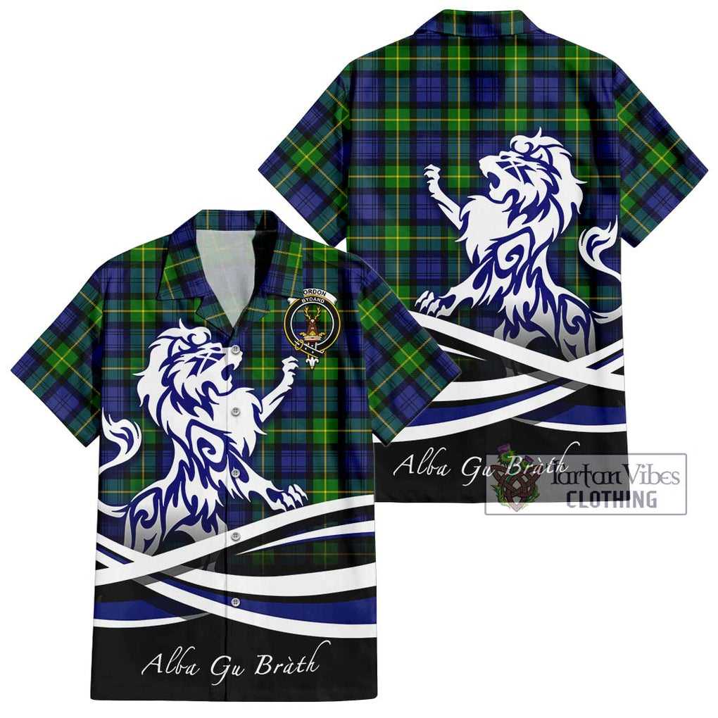 Gordon Modern Tartan Short Sleeve Button Shirt with Alba Gu Brath Regal Lion Emblem Kid - Tartanvibesclothing Shop