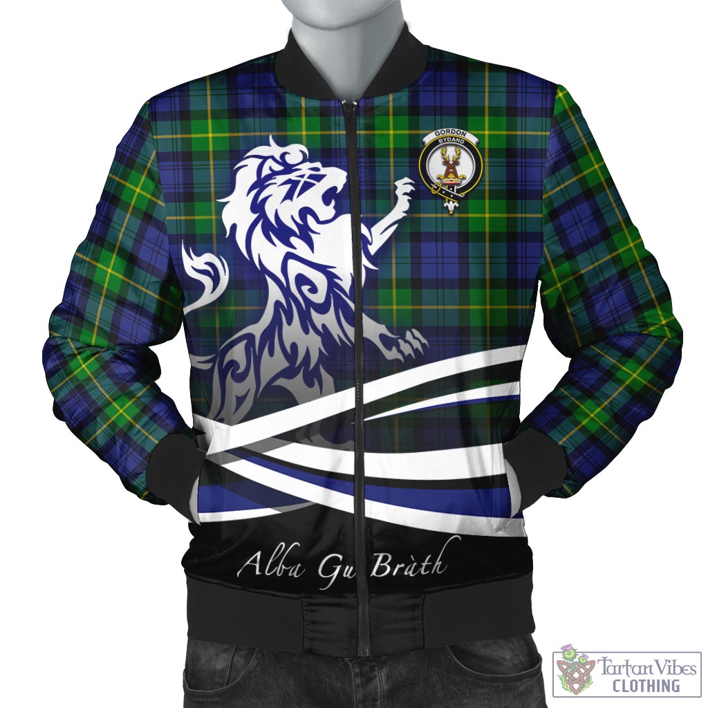 Tartan Vibes Clothing Gordon Modern Tartan Bomber Jacket with Alba Gu Brath Regal Lion Emblem