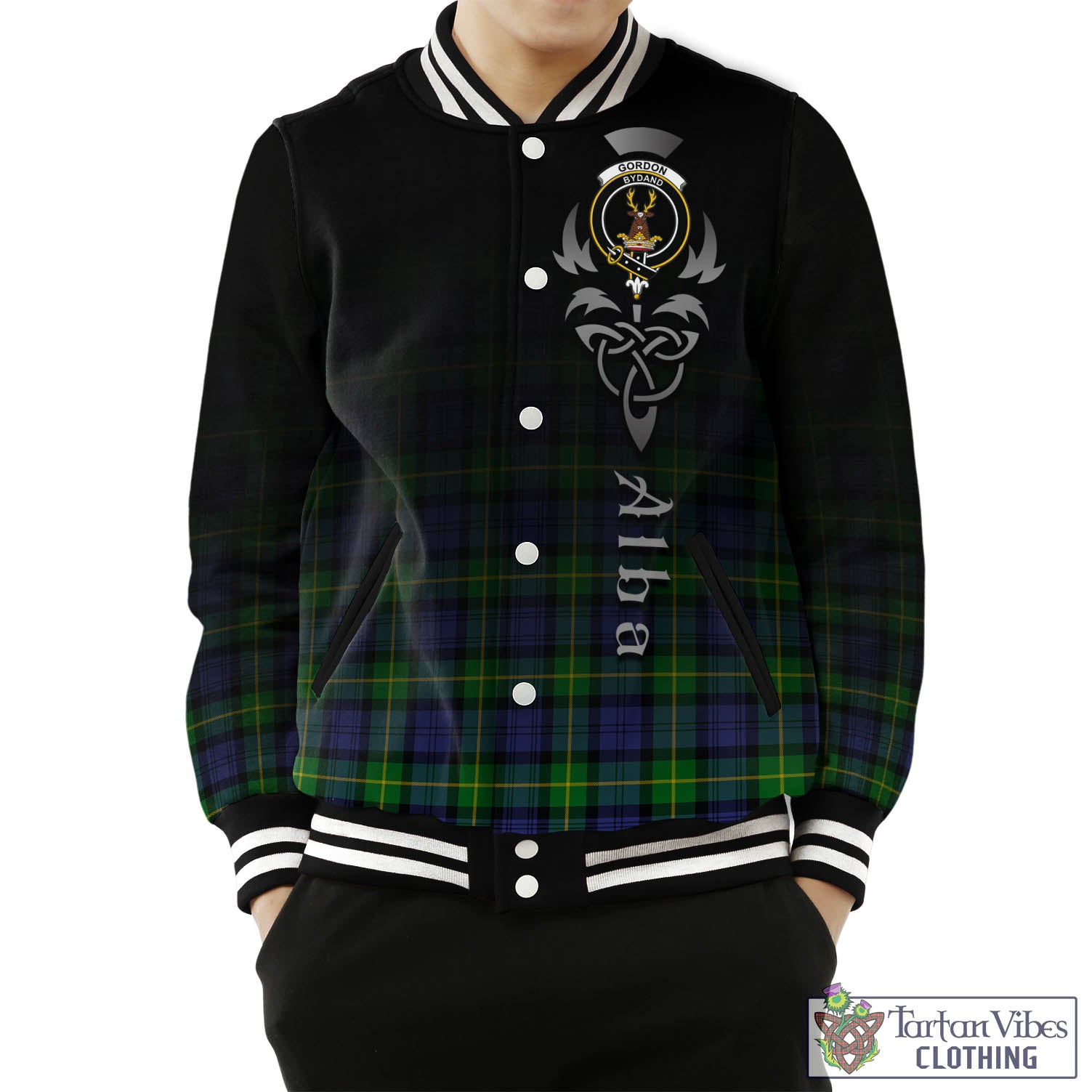 Tartan Vibes Clothing Gordon Modern Tartan Baseball Jacket Featuring Alba Gu Brath Family Crest Celtic Inspired