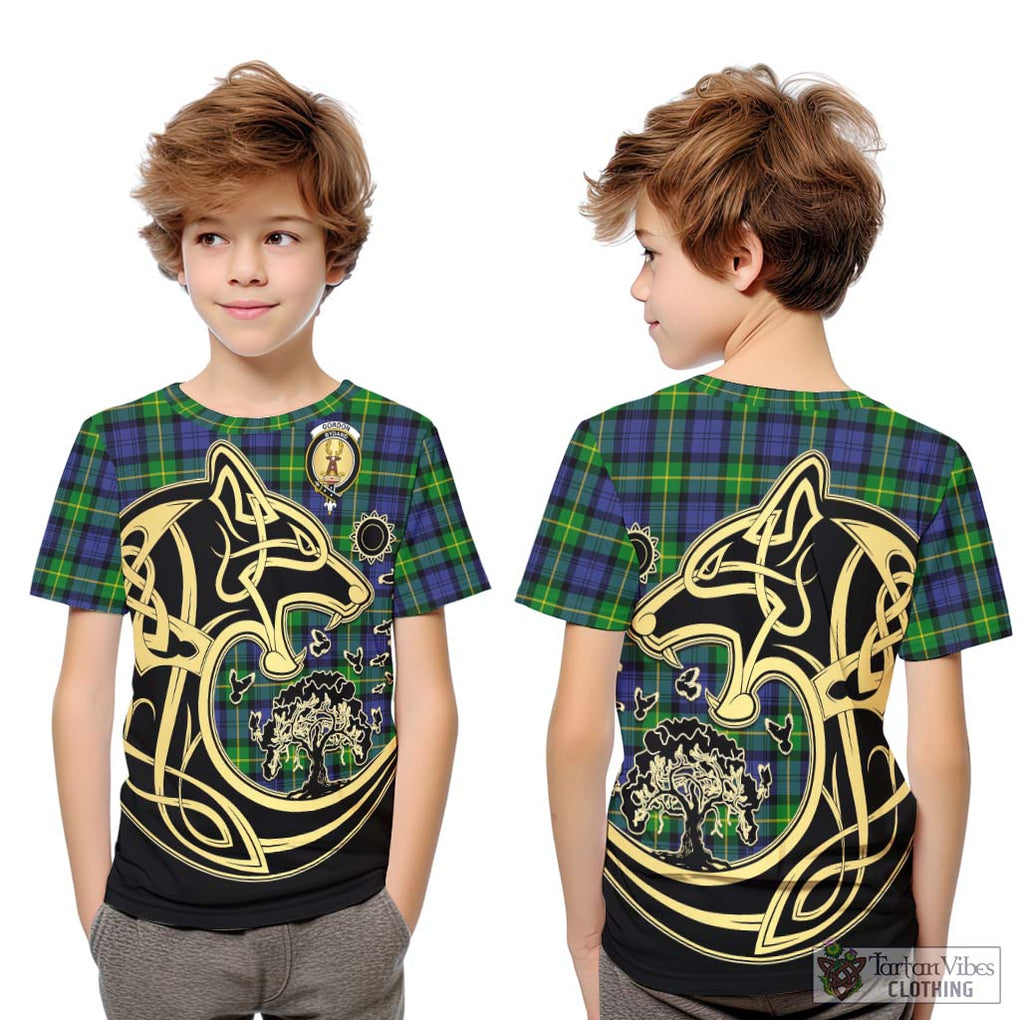 Gordon Modern Tartan Kid T-Shirt with Family Crest Celtic Wolf Style Youth XL Size14 - Tartan Vibes Clothing