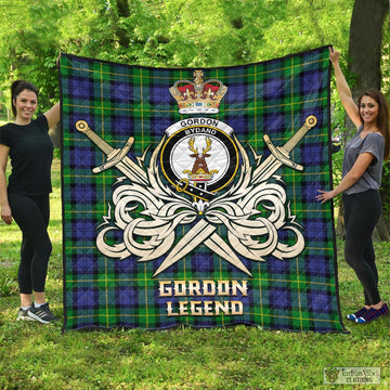 Gordon Modern Tartan Quilt with Clan Crest and the Golden Sword of Courageous Legacy