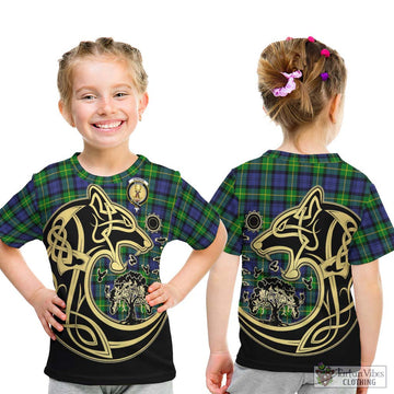 Gordon Modern Tartan Kid T-Shirt with Family Crest Celtic Wolf Style